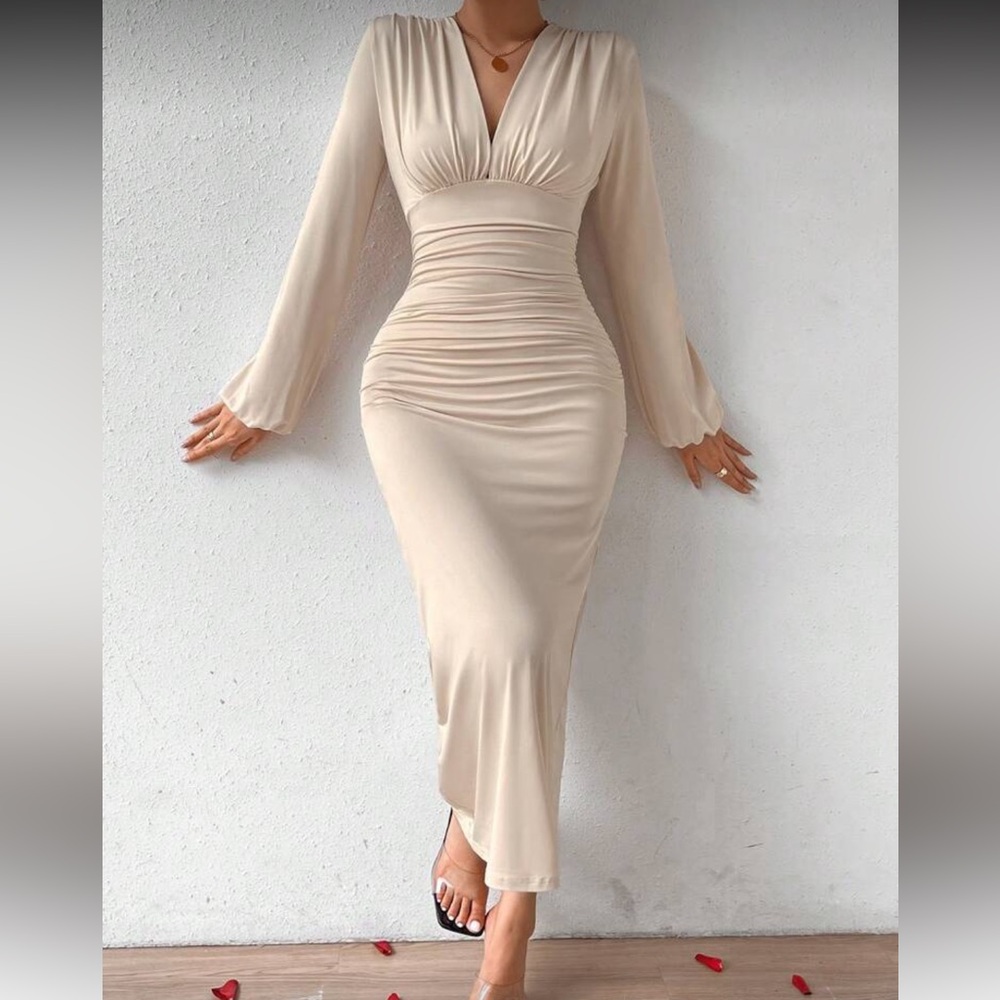 Batwing Sleeve Pleated Ruched Evening Party Dress - Picture 3 of 6